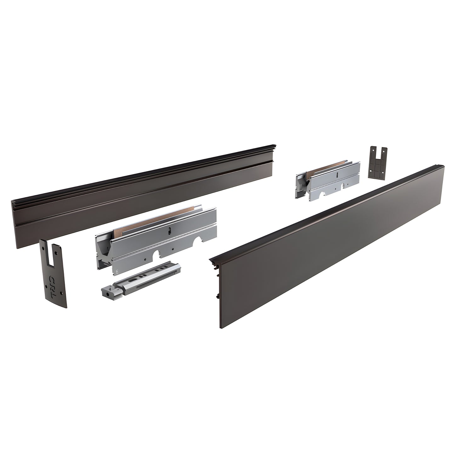 CRL DRX modular door rail kit DRX4SDU12 - black bronze anodized 48 in side covers, rail bodies and hardware, exploded view