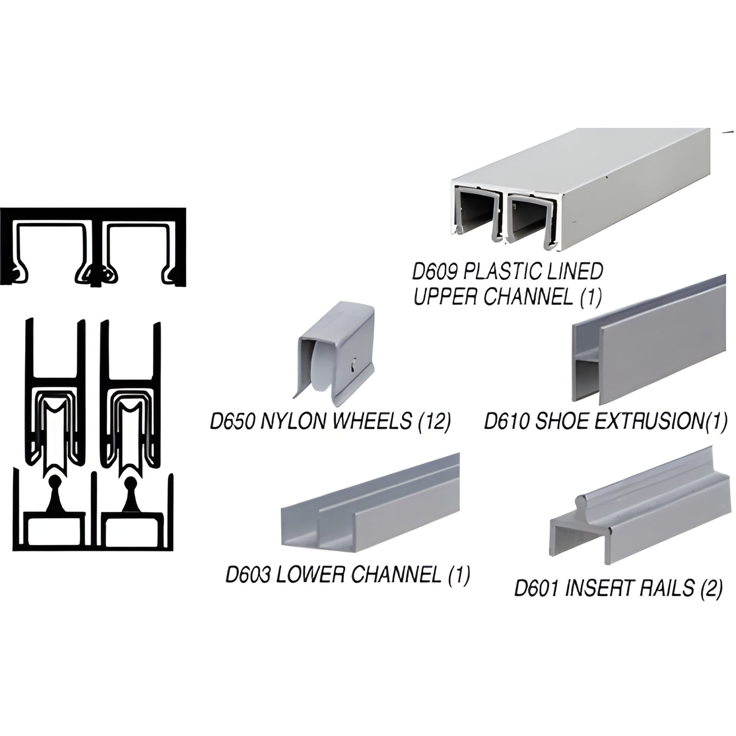 D2300A 12' satin anodized aluminum rolling door track with D650 nylon wheels and matching channel components.