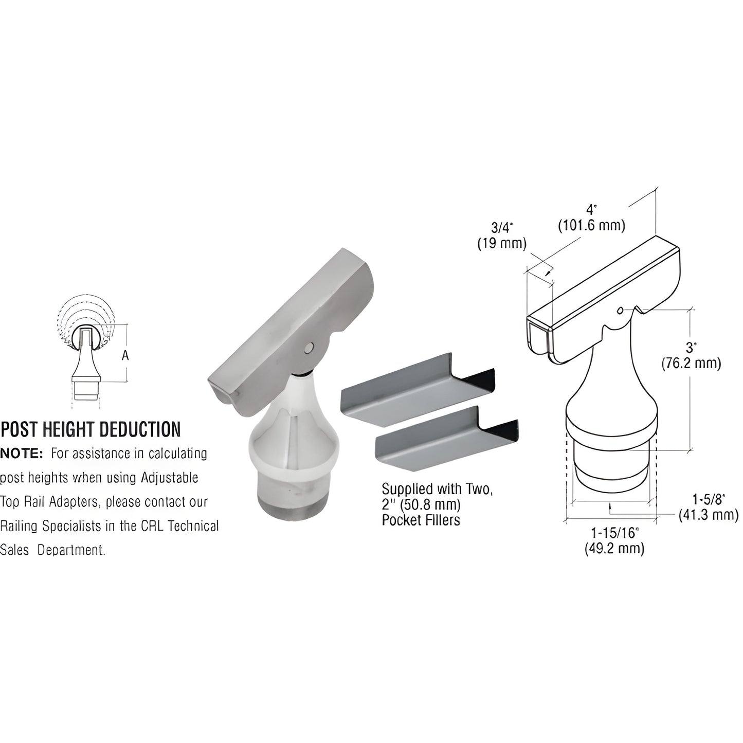 CR15TAABS adjustable 90 brushed stainless steel top rail adapter for 1-1/2" posts, fits 2-4" cap rails; includes two 2" pock