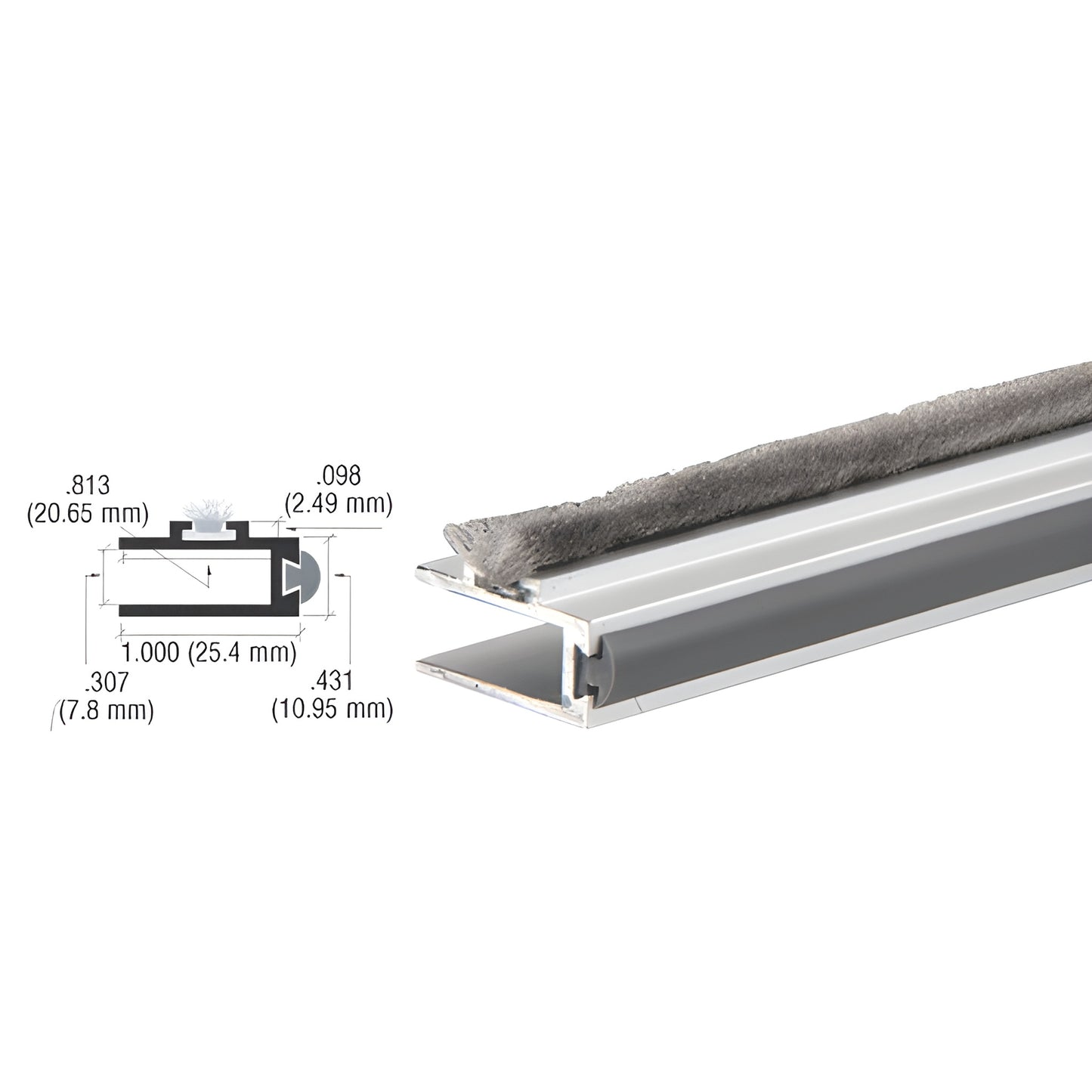 CRL D1623A deep channel dust proof aluminum rail, satin anodized, grey pile wiper with vinyl bumper, 1" wide.