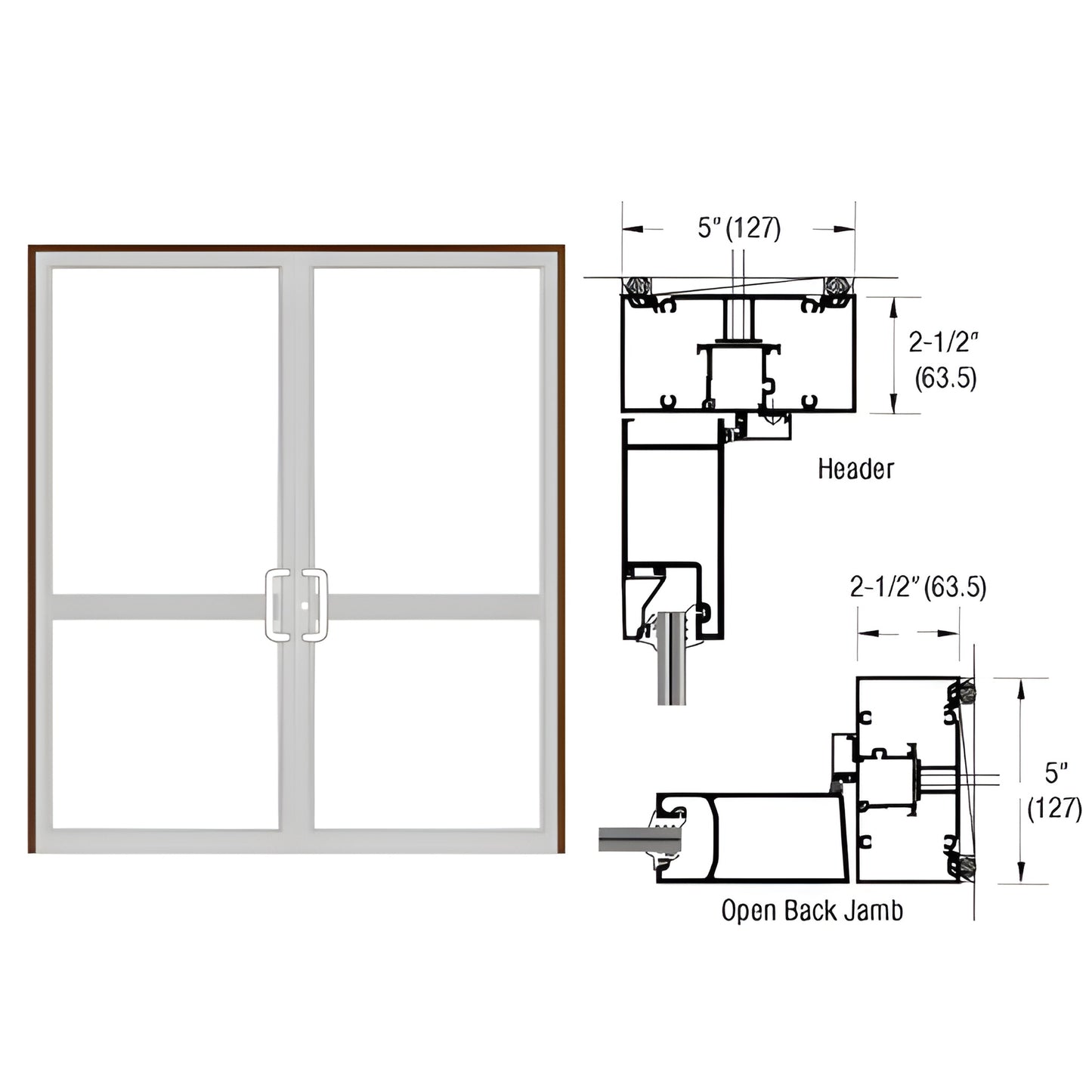 Black bronze anodized double up/over impact door frame with technical cross-sections, SKU 0P42522