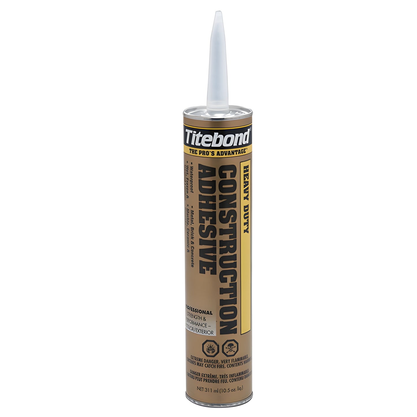 Titebond heavy duty construction adhesive cartridge (10.5 oz), tan can with tall white nozzle.