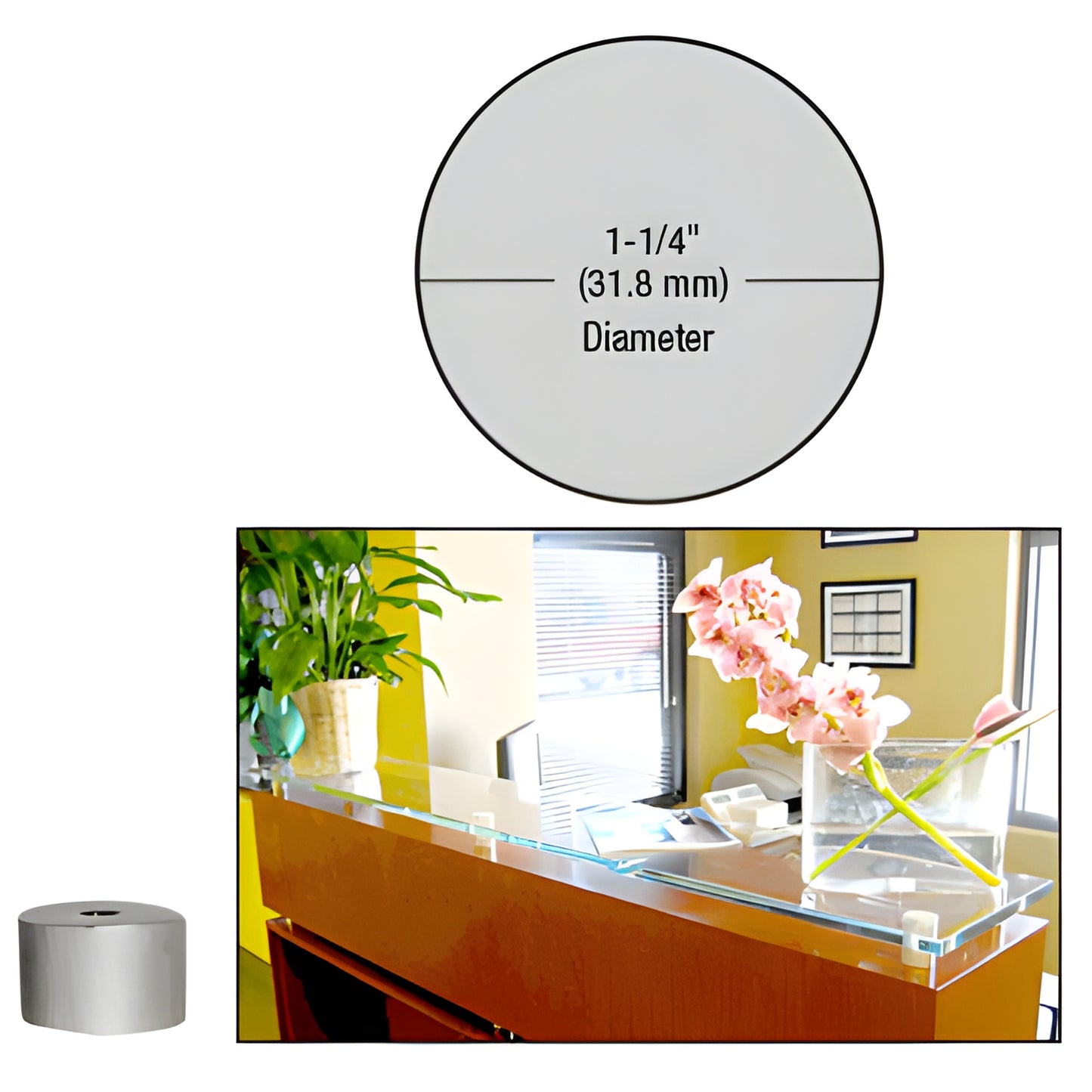 Brushed stainless 1-1/4" diameter architectural standoff base (316 SS) for glass/panels - SKU S0B11434BS