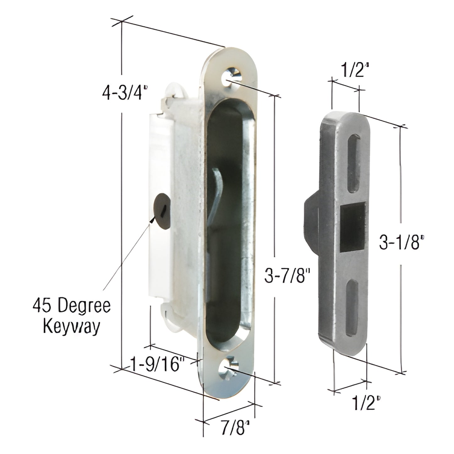 Traco-compatible aluminum pocket latch and keeper, stamped hook, 45 keyway, 1-9/16" depth - SKU E2126.