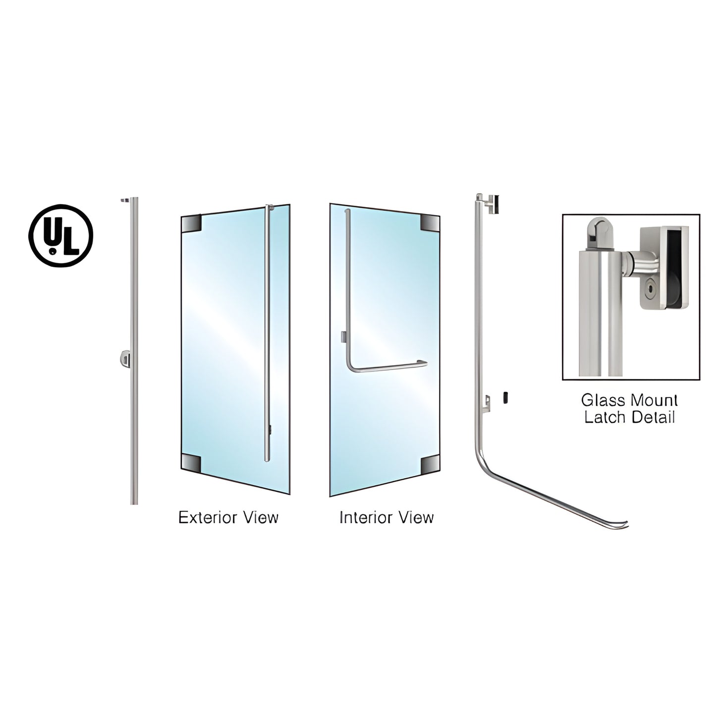 Brushed stainless steel glass-door panic handle for 3/4" tempered glass, shown exterior and interior views.