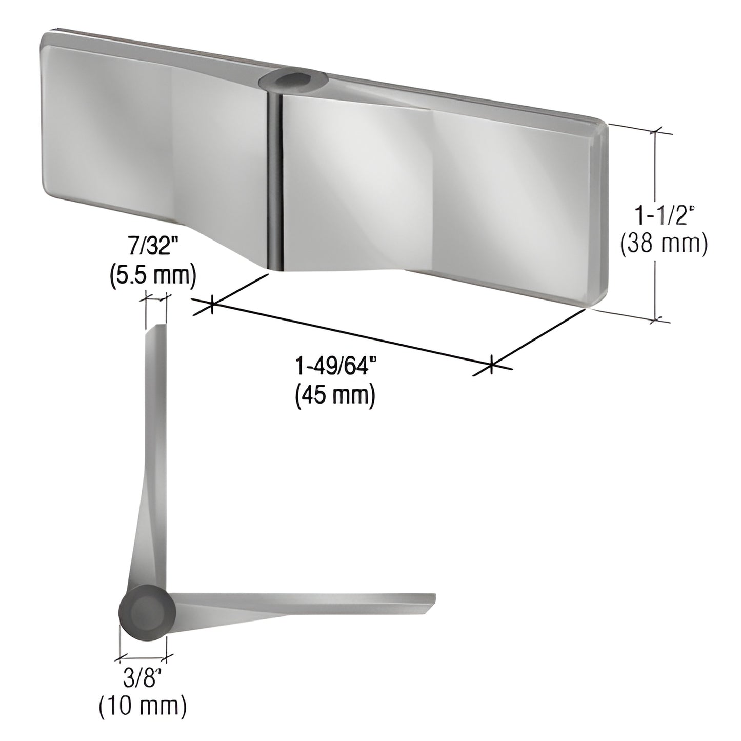 UVHG1BS brushed stainless steel glass-to-glass hinge, self-centering, 1-1/2 in. high, 45 mm wing.