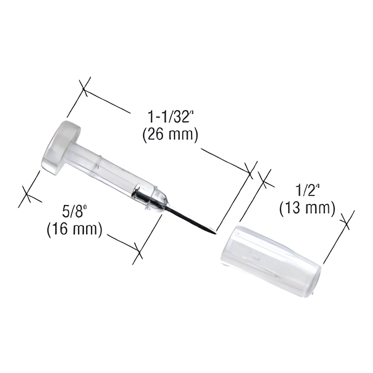 CRL L5895 clear polycarbonate window grid retainer with zinc-plated steel pin, sleeve lengths 1/2 and 1 1/32 .
