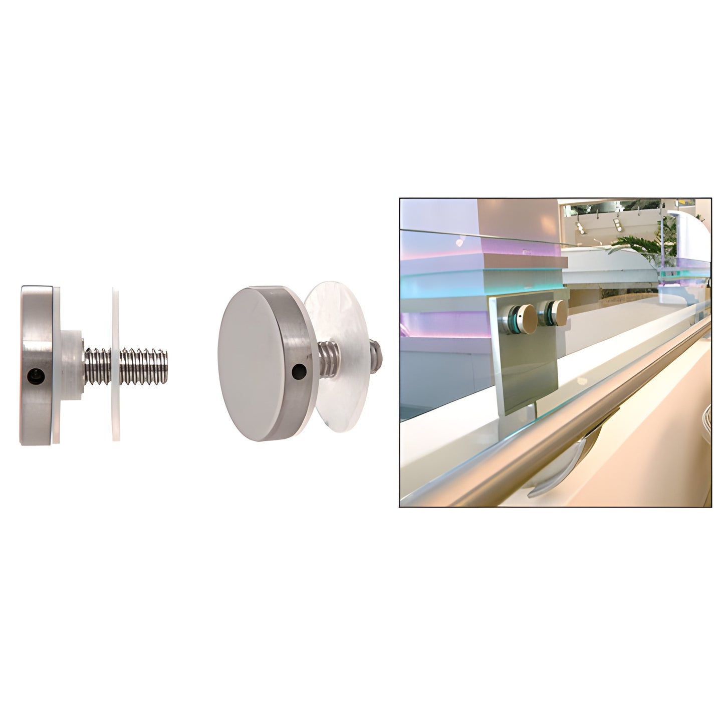 CAP112BS 1-1/2 brushed 316 stainless standoff cap with 3/8-16 screw and side access hole, shown on glass railing