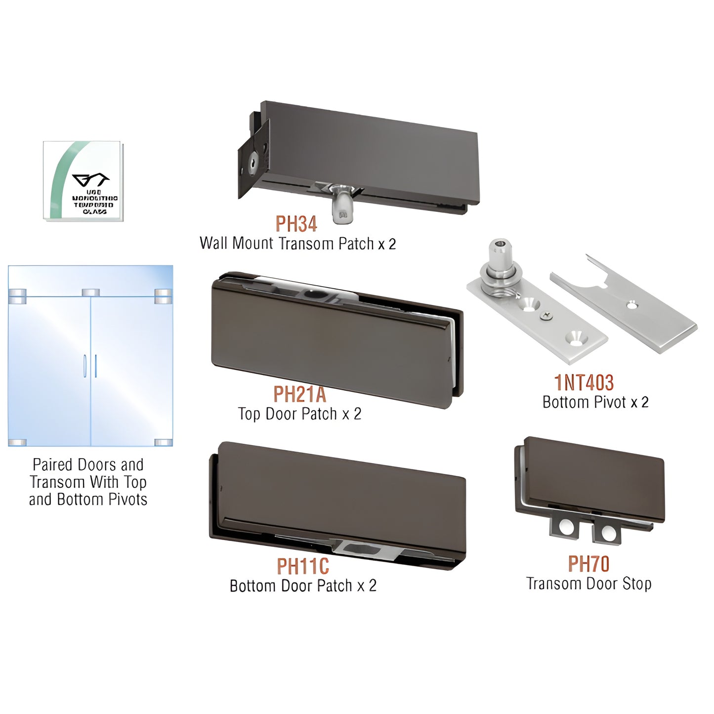 PHE6DU black bronze anodized European double-door hardware kit for 3/8-1/2" (10/12mm) tempered glass - pivots, top/bottom pat