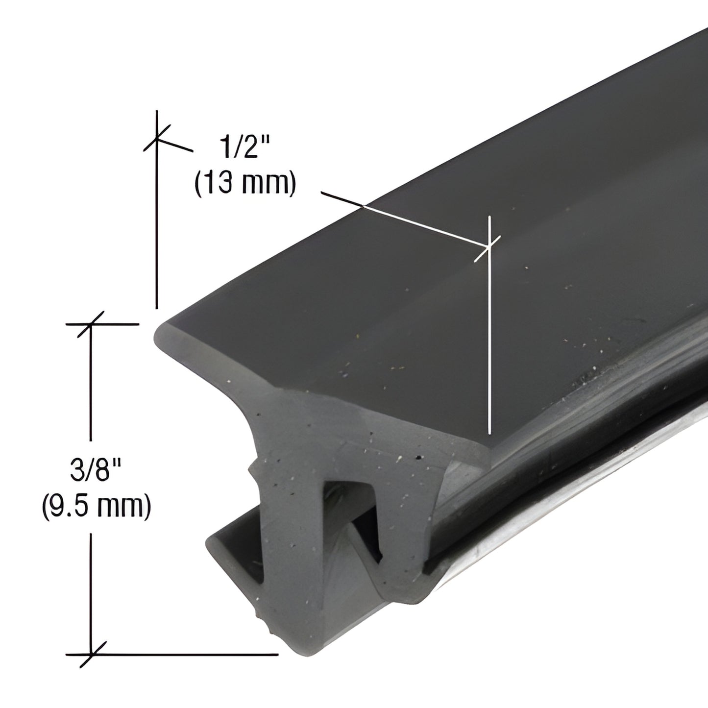 Black EPDM top-load glazing gasket profile (SKU NP238) for 3/8" (9.5mm) infills, shown with 1/2" and 3/8" dimensions.
