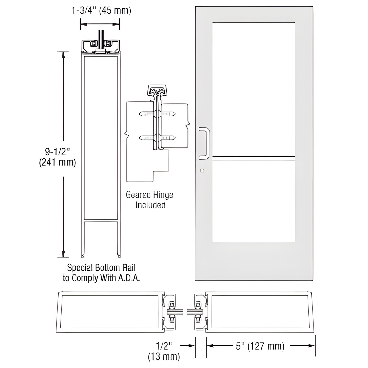 CRL CD51852 white Kynar wide-stile commercial entrance door with 5 in stiles, 9-1/2 in ADA bottom rail, glass opening, geared
