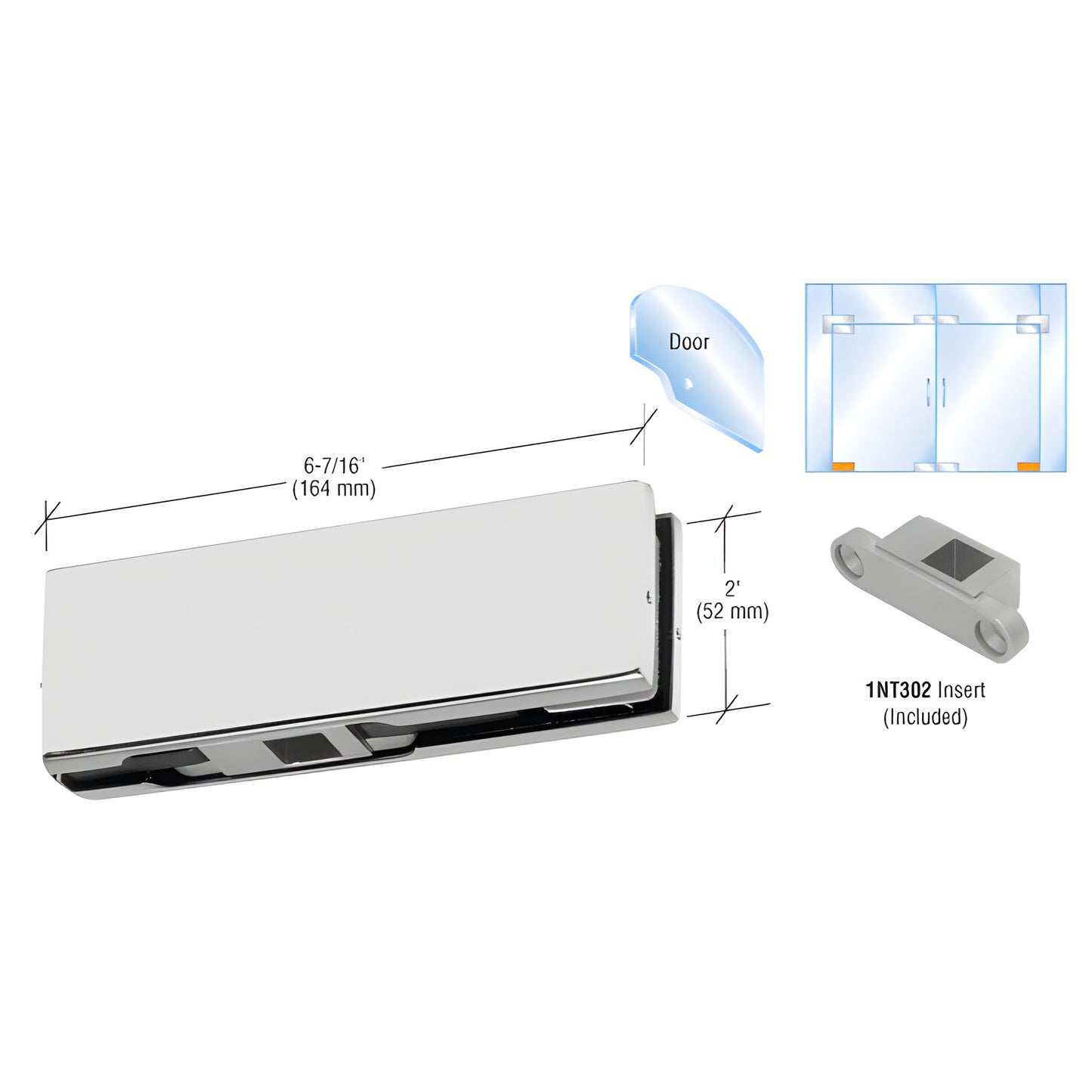 PH11DA satin anodized bottom door patch fitting for 3/8-1/2 tempered glass, includes 1NT302 insert, compact pivot assembly.