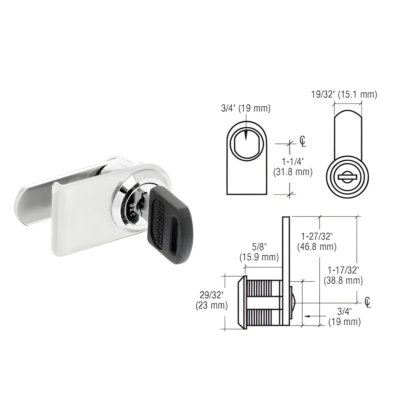Polished chrome cam lock (SKU LK18) with key and installation diagram for 1/4" (6 mm) glass cabinet doors.