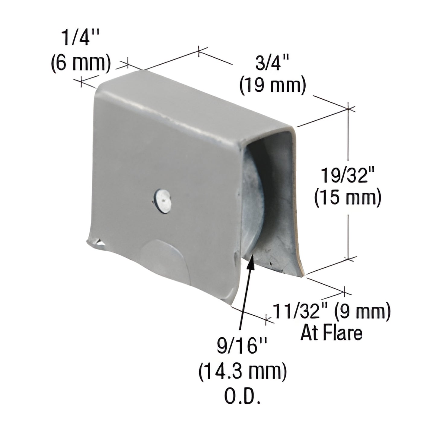 D5649 CRL stamped-steel ball-bearing roller assembly for 1/4" (6mm) glass panels, concave wheel, compact 3/4"x19/32" housing.