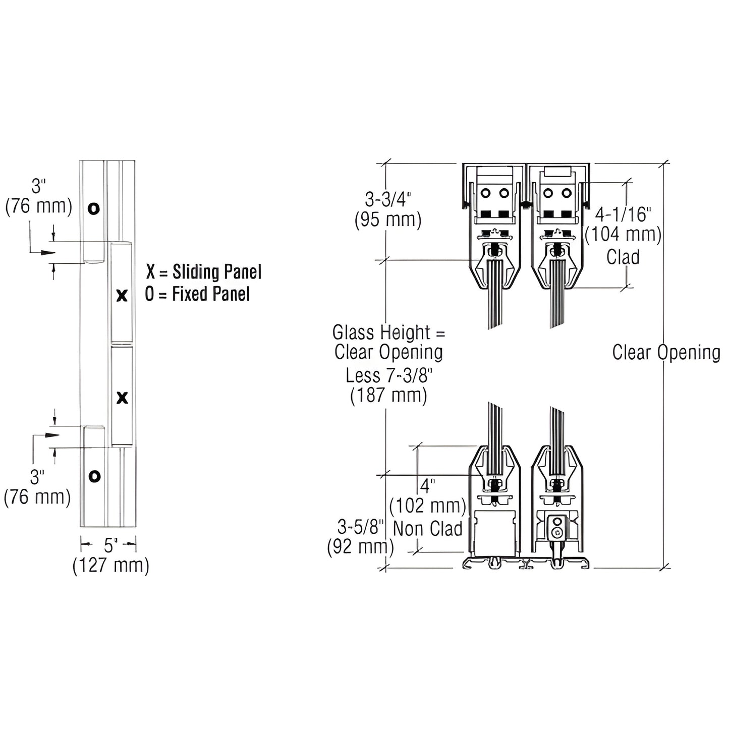 SDR4FBS bottom-rolling sliding door system diagram - brushed stainless, 4" tapered DR4T rails, OXXO configuration, dimensions