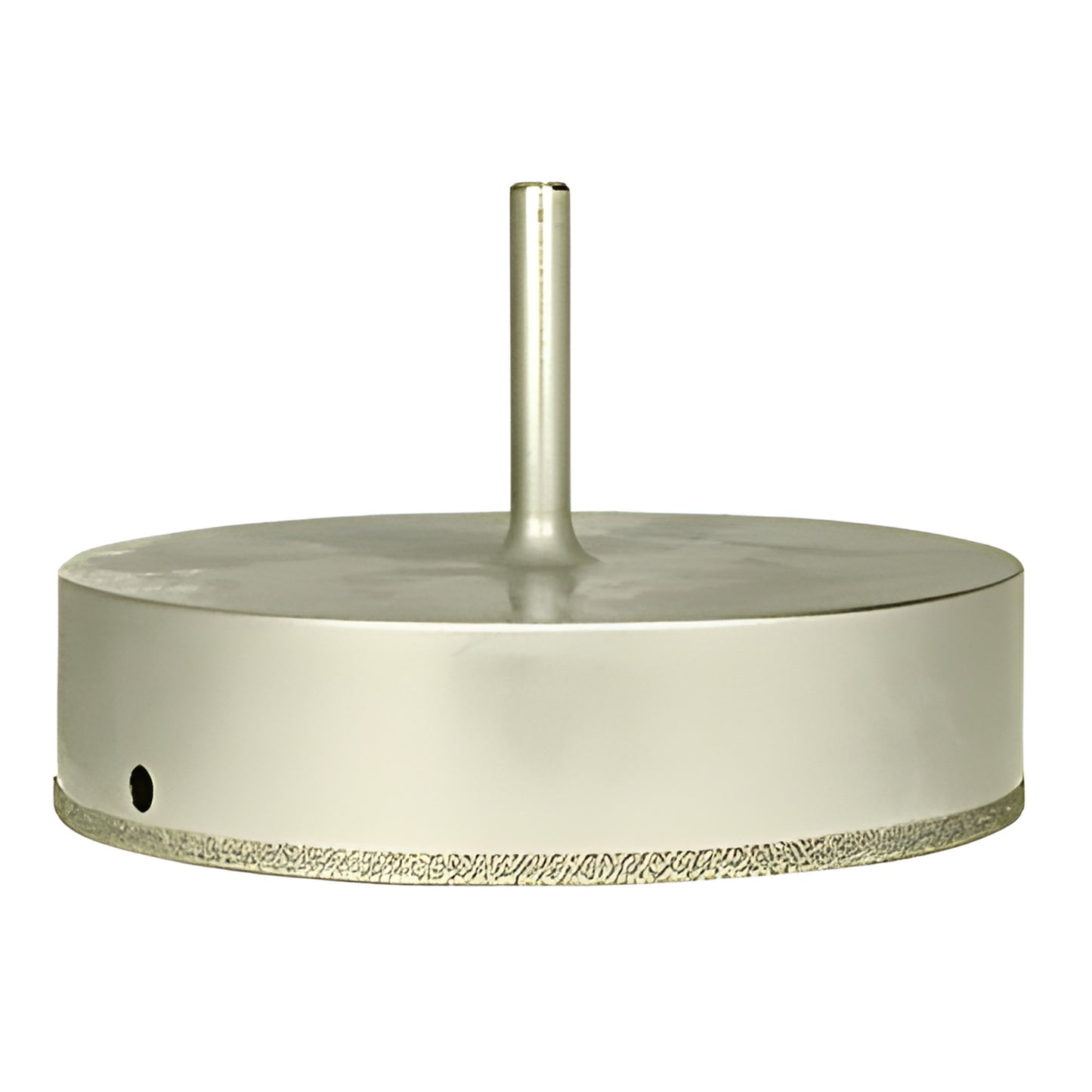 EDD412 4-1/2" plated diamond drill hole saw with 3/8" reduced round shank and smooth continuous rim.