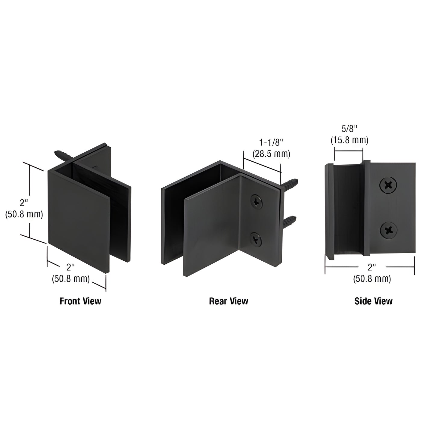 MFCW10MBL matte black wall-mount square front clamp for 3/8-1/2" tempered glass, front/rear/side views with dimensions
