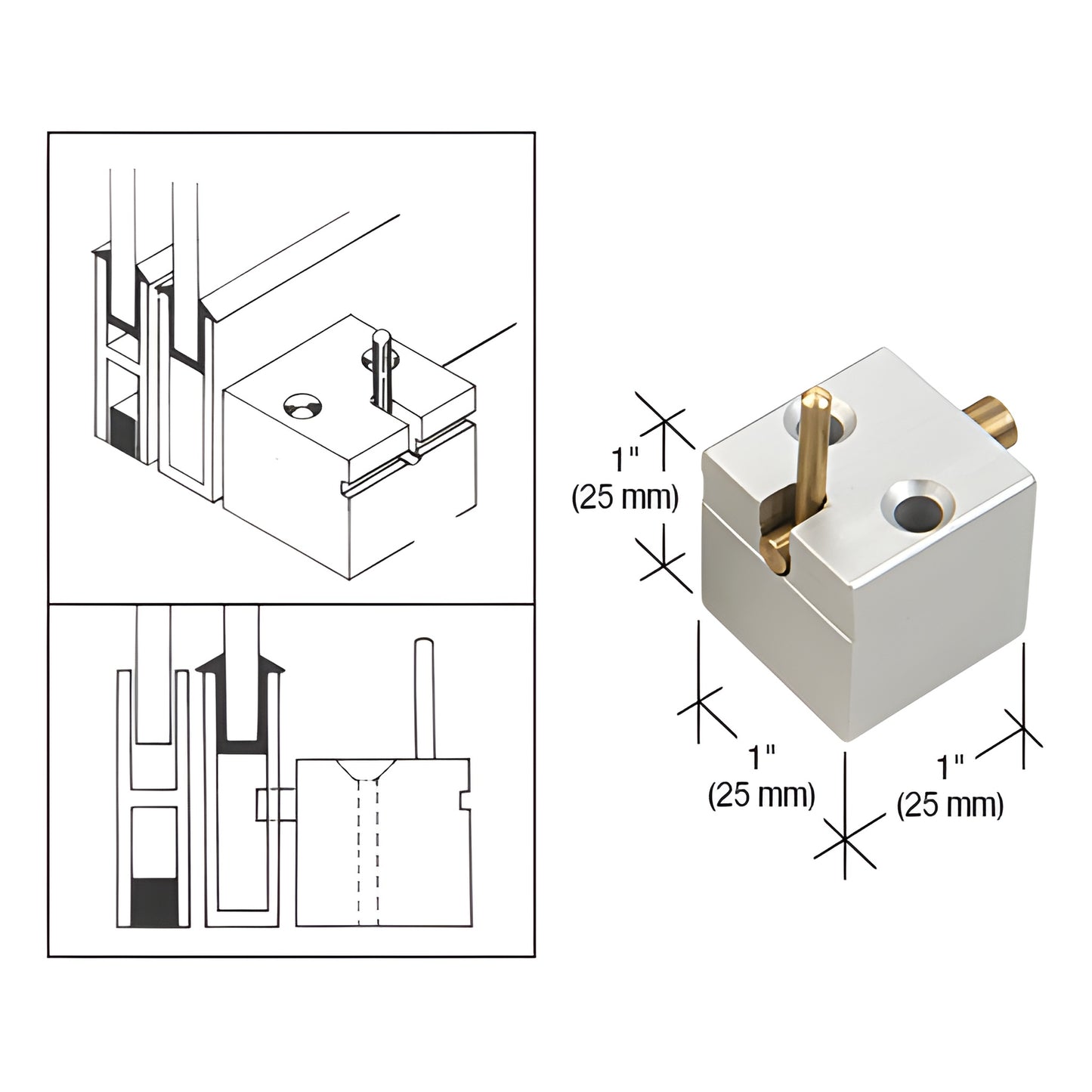 CRL D813A deck catch, satin anodized 1" cube with brass plunger for pass-thru sliding windows.