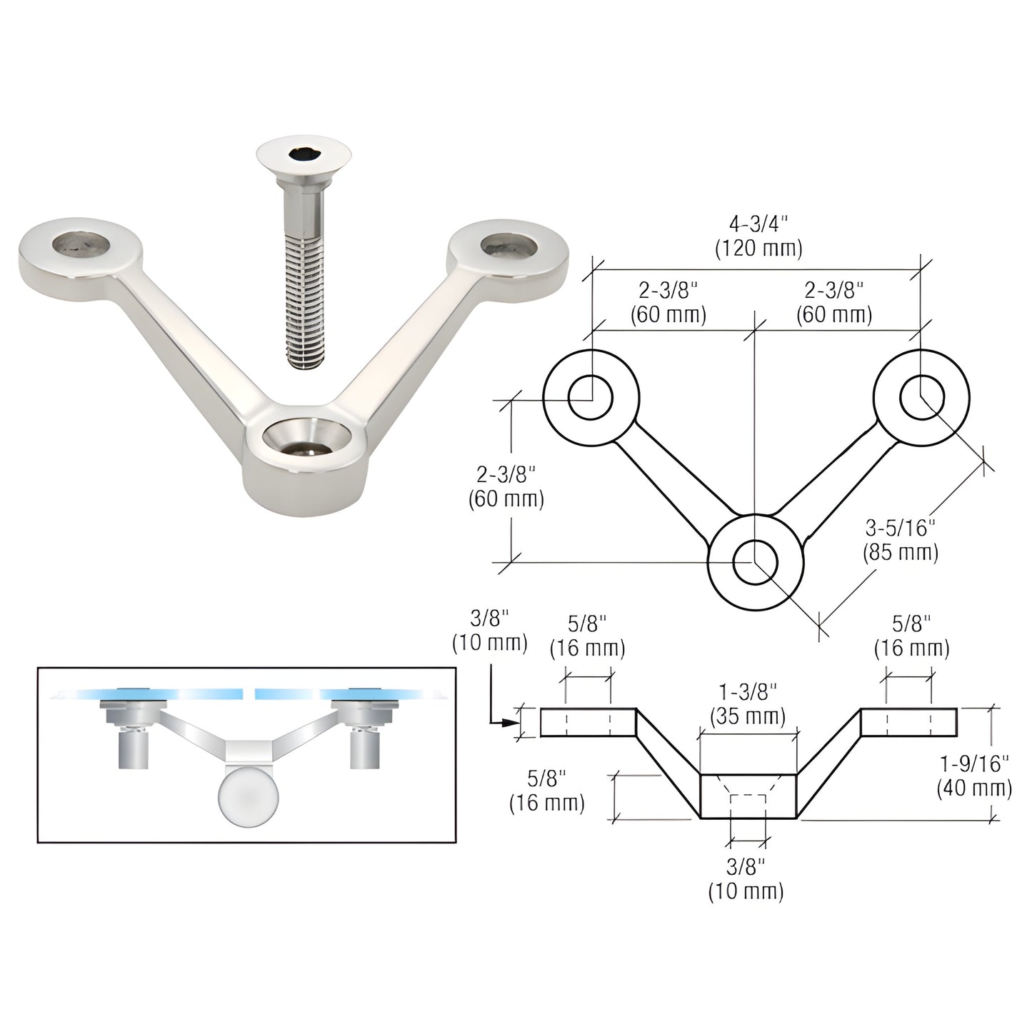 Stainless steel V-look post mount fitting (GRP2VPS) with threaded stud for monolithic tempered glass balustrades.