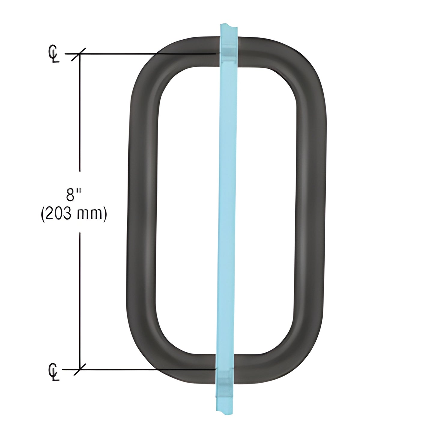 Matte black 3/4" solid brass squared shower door pull, 8" center to center, fits 1/4-1/2" glass (SKU BPD8MBL)