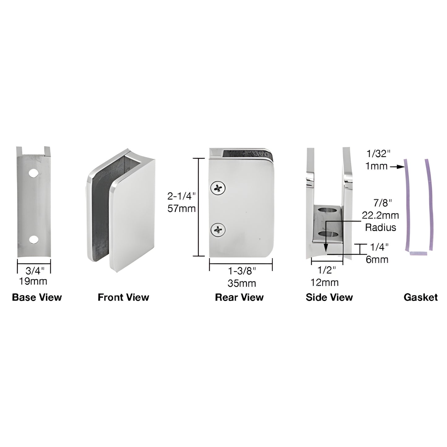 SA87PS polished stainless steel radius glass clip for 1-1/2"/2" round posts, fits 6 or 10mm glass, includes clear gaskets.