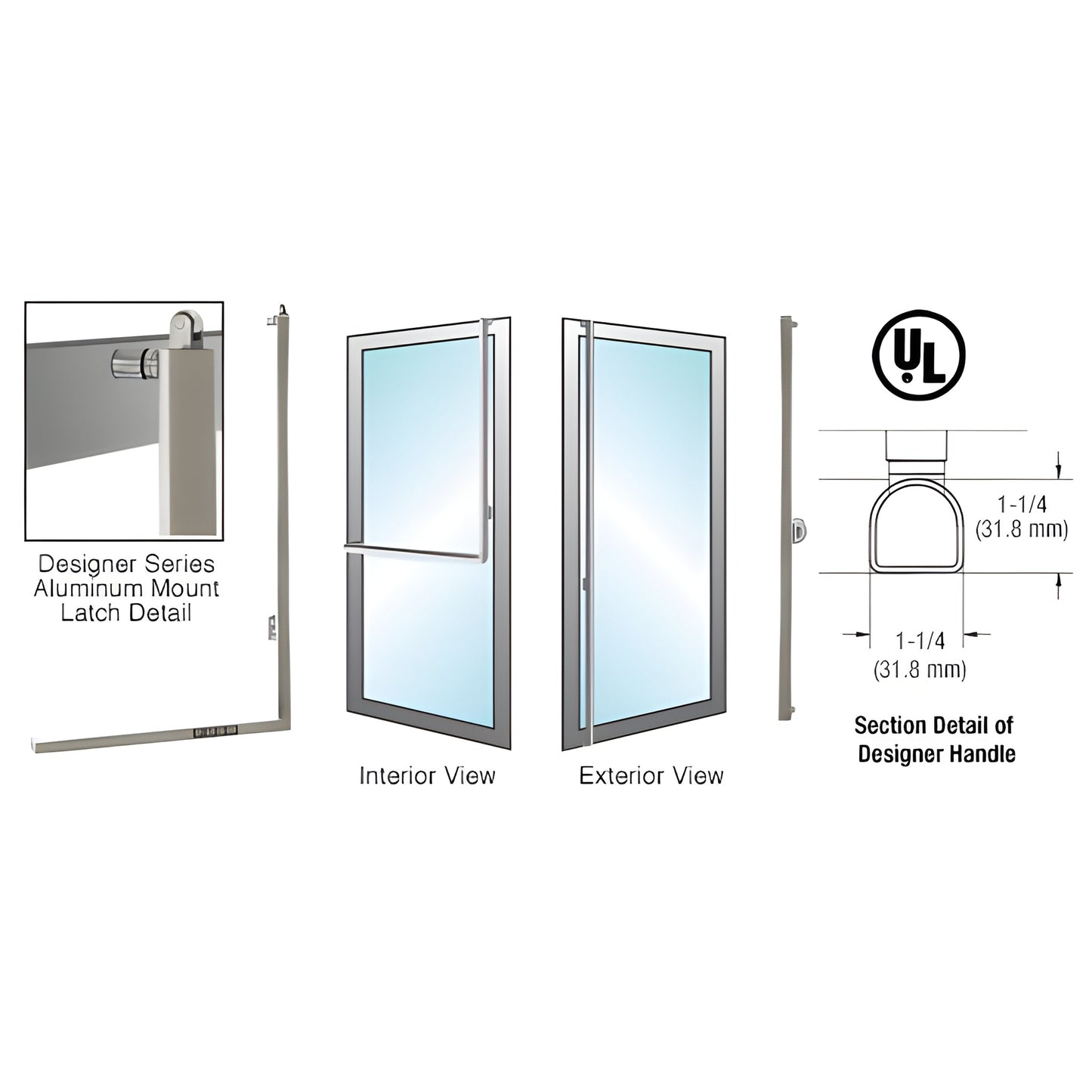 Polished stainless steel D-shape tubular handle for tempered glass doors, 1-1/4", right-hand reverse. SKU DPA100F3AKPS