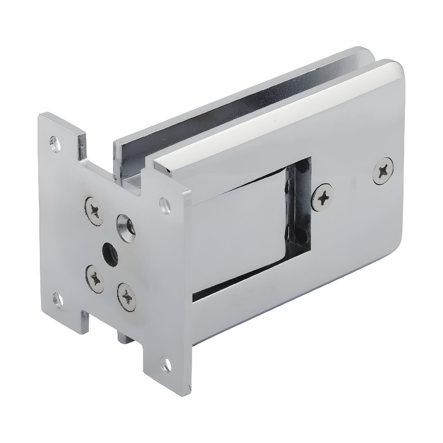 Polished chrome Atlas all-glass door hinge SKU ATL01CH - brass, double-acting, self-centering for 8-12mm tempered glass