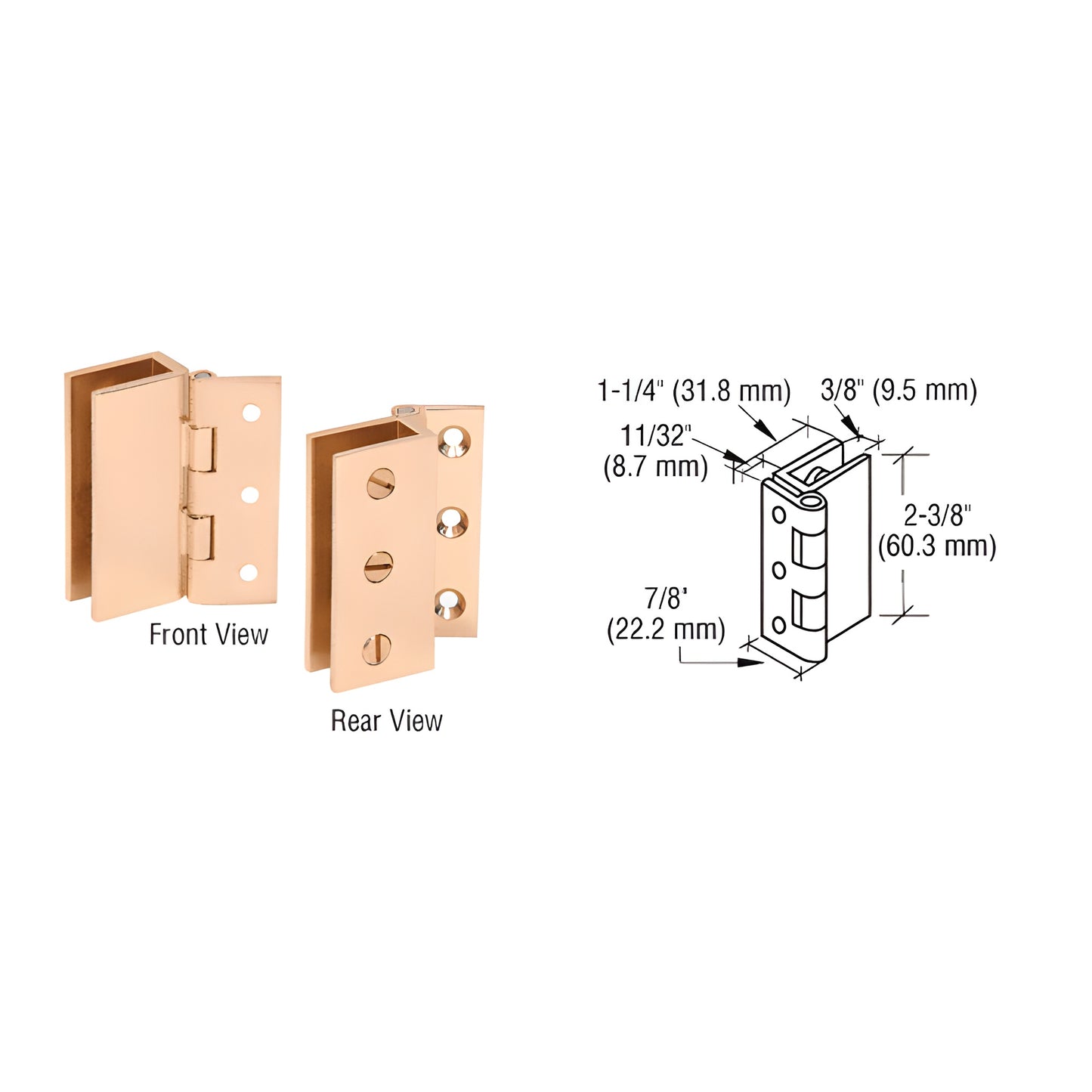 Polished brass set-screw wall-mount hinge pair for 5-8mm tempered glass, 2-pack (SKU EH170), shown with dimensions.