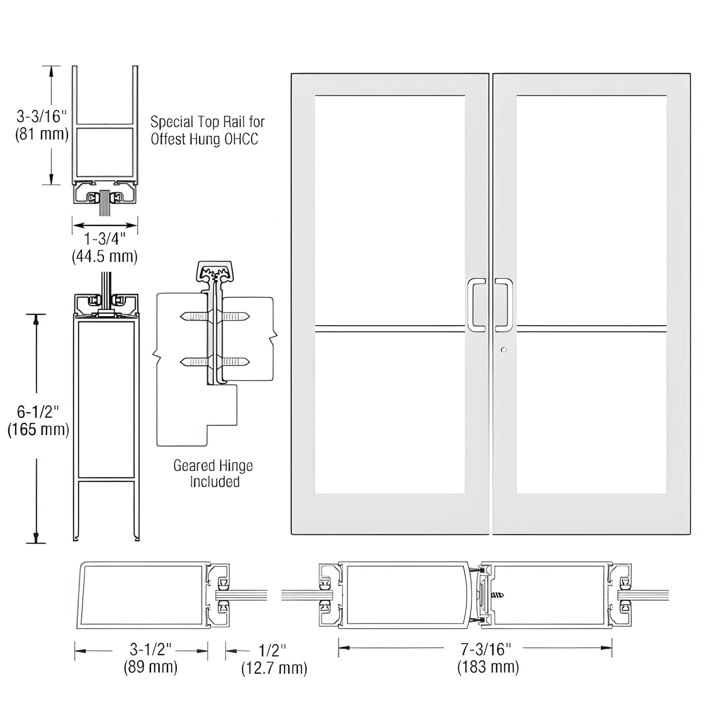 DC42952 white Kynar double commercial entrance door, medium stile, glass-ready, 31 2" stiles, 61 2" bottom rail.