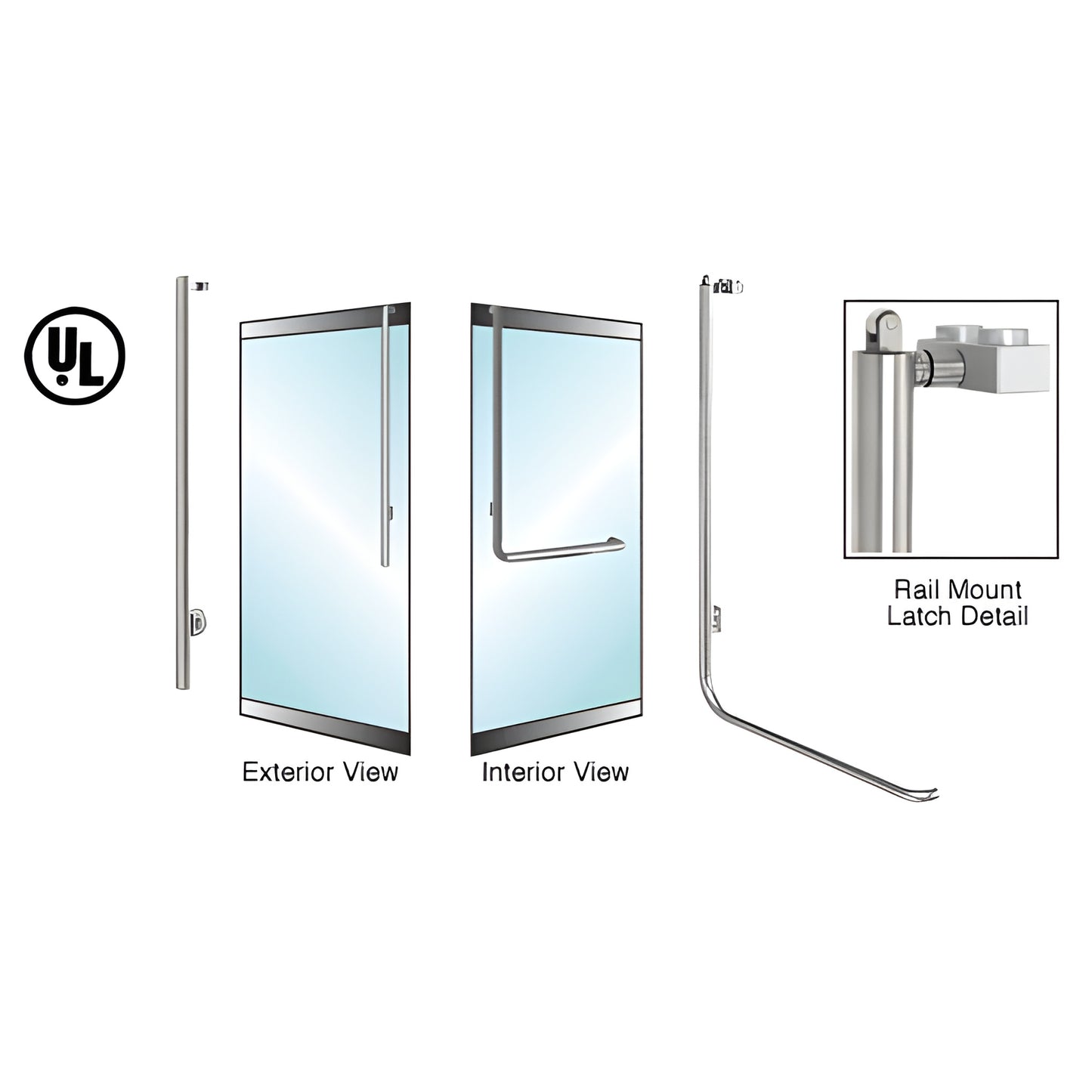 PA100JS4LKBS brushed stainless tubular panic rail-mount handle for 1/2" glass doors, interior push bar, UL certified.