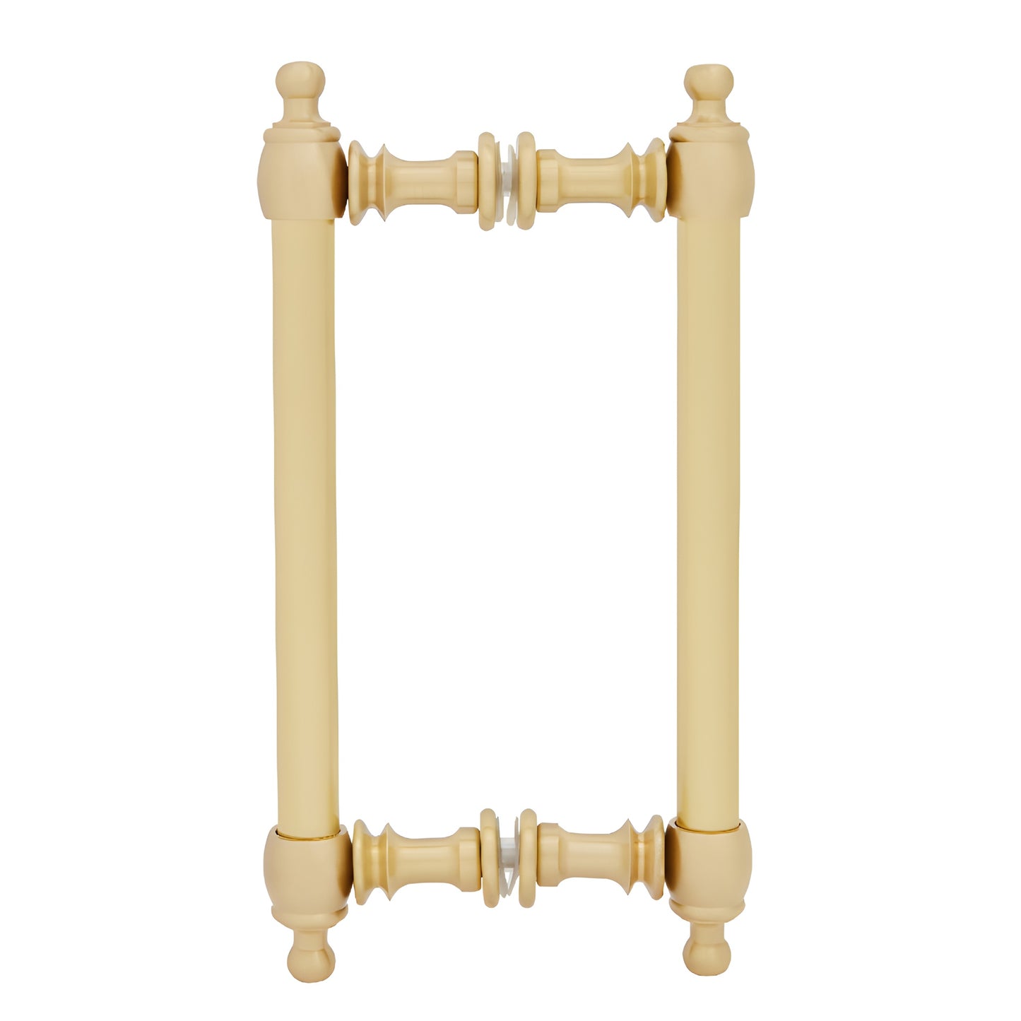 Satin brass Colonial back-to-back pull handle, 3/4" tubular, 8" center-to-center, fits 1/4-1/2" tempered glass.
