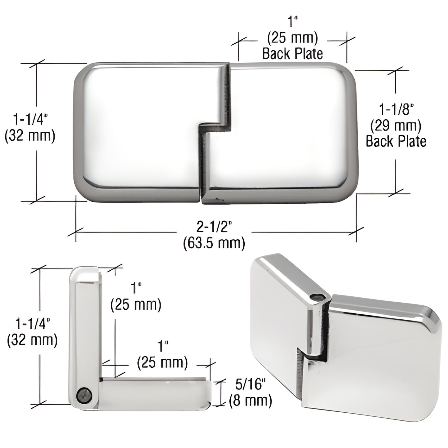 Chrome brass glass door hinge (UV Classic), for 1/4" (6mm) glass, 2-1/2" wide, chrome finish, pair.
