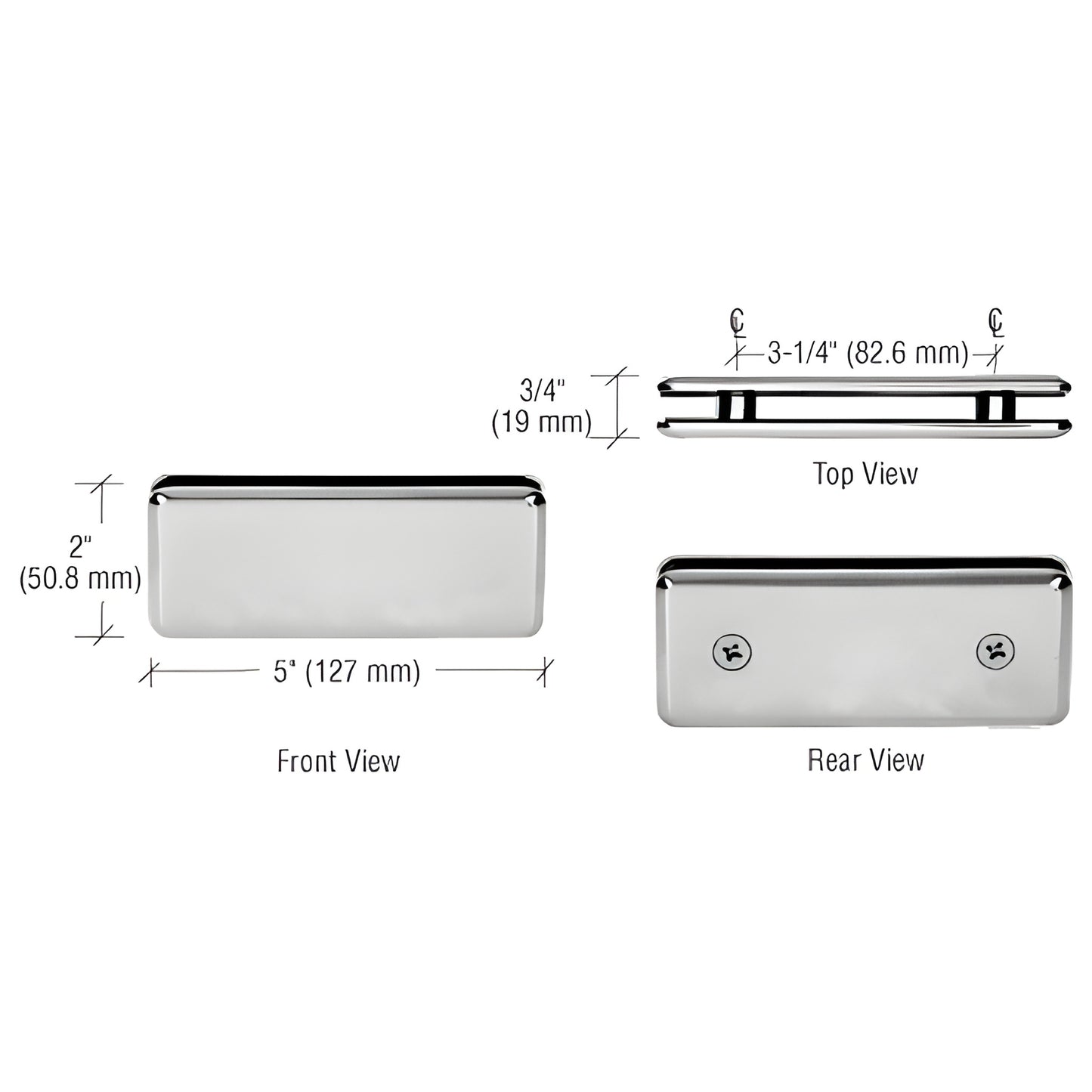 BGC180BN beveled 180 glass-to-glass clamp, brushed nickel solid brass, 5" 2" for 3/8-1/2" glass