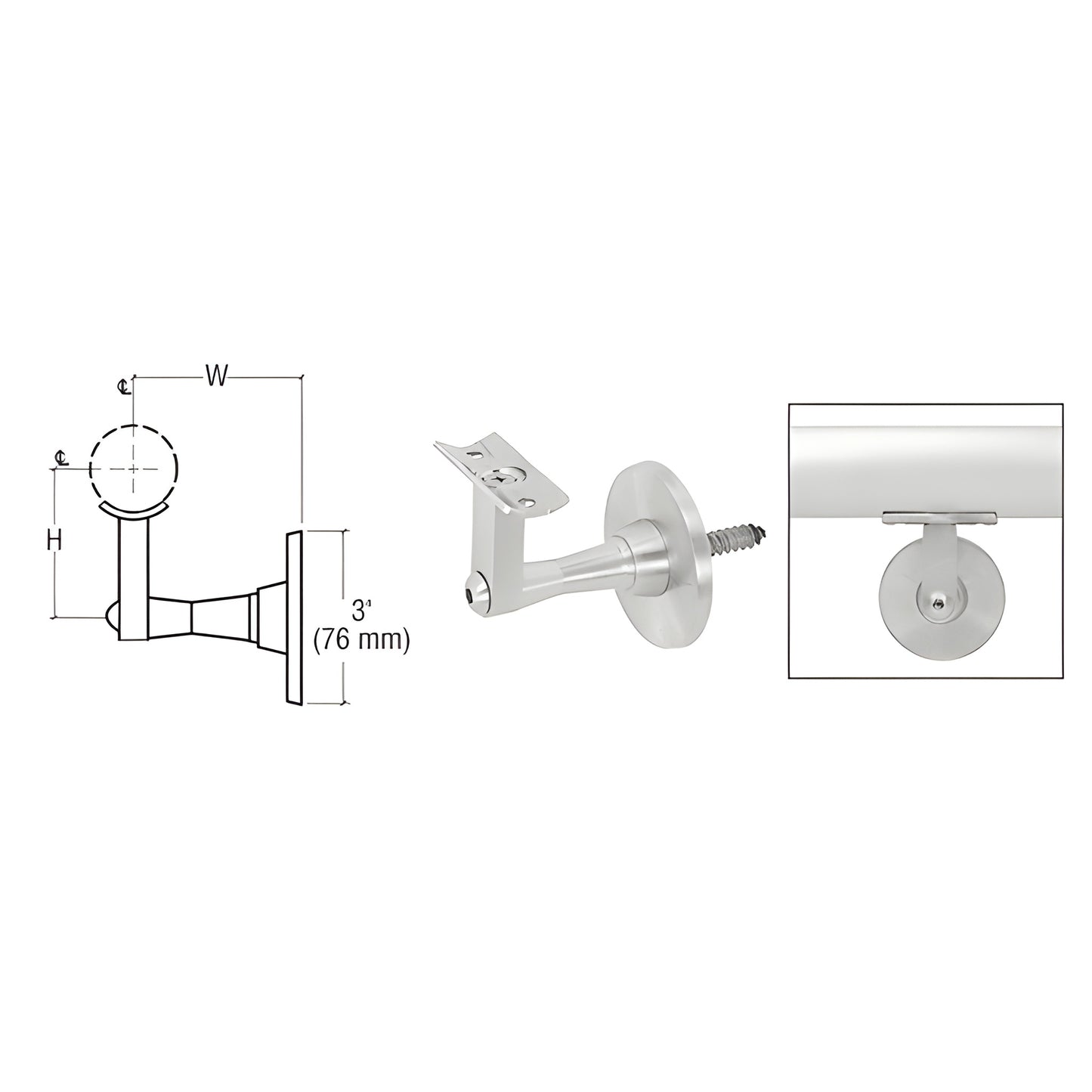 HR2SWMA adjustable aluminum wall handrail bracket, mill finish, 2-way angle adjust, 2-7/8 projection, fits 1.5-2 tubing.