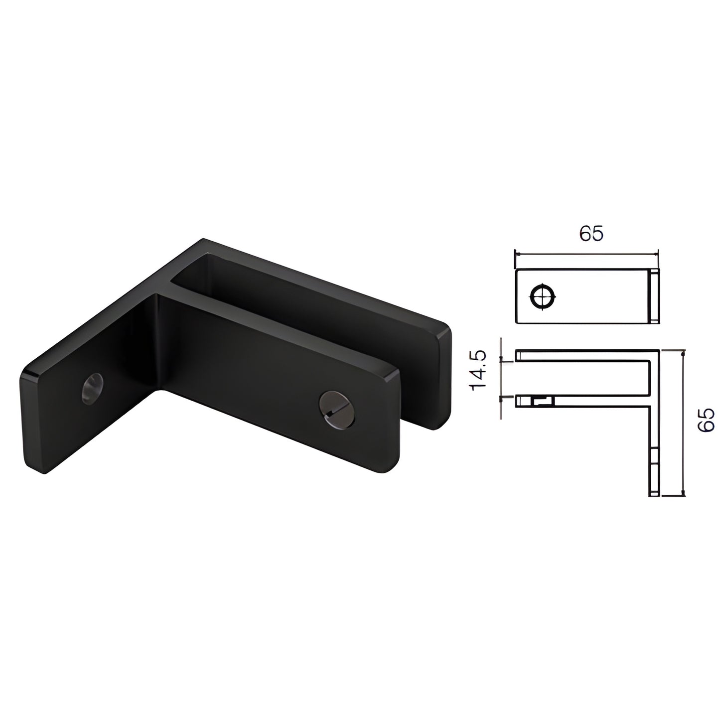Matte black no-drill glass bracing clamp (SKU GBCWMMBL) for 10-12mm glass, L-shaped Duplex 2205 stainless steel, 65mm.