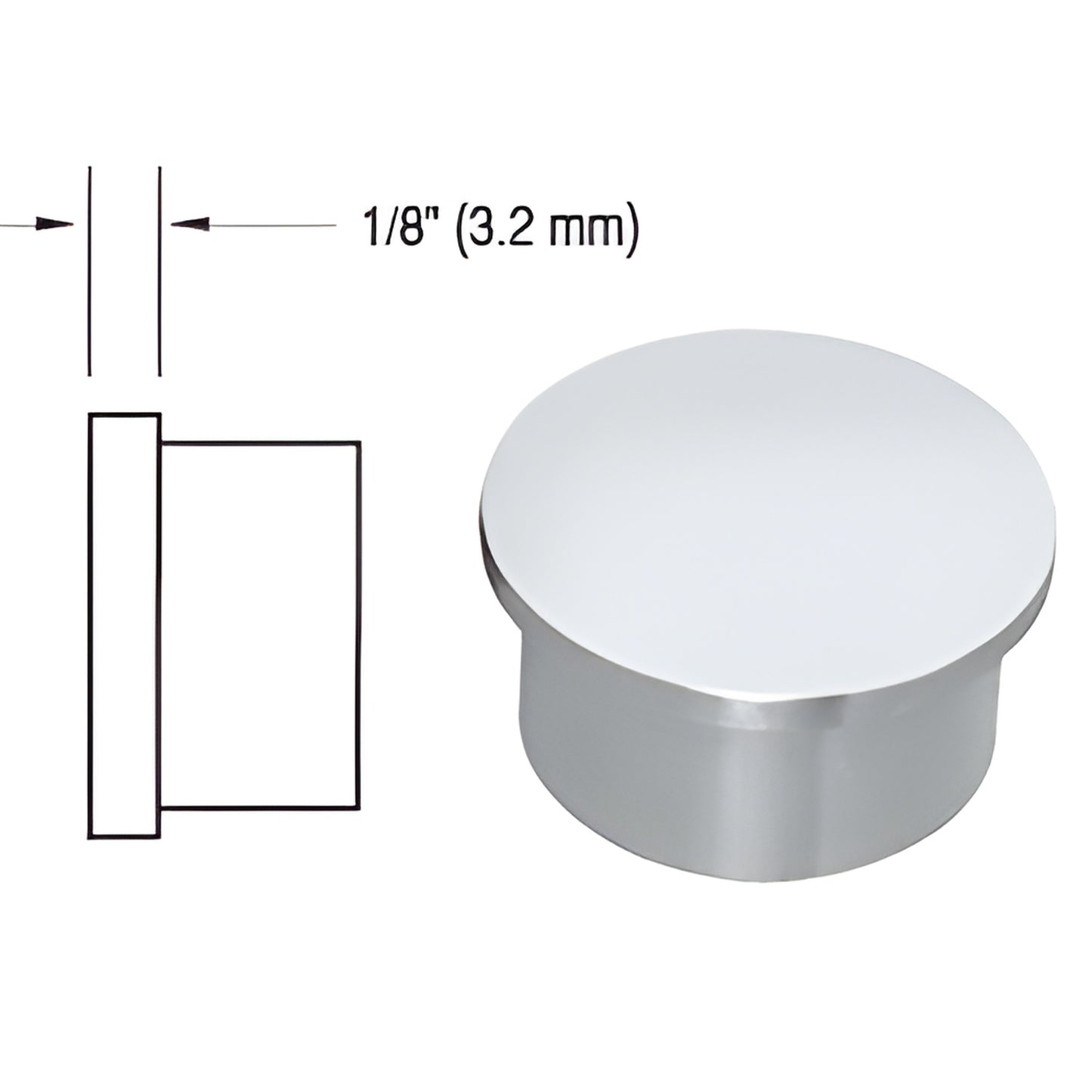 Mill-finish round end cap for 1-1/2" pipe rail (SKU HRH15ECM), shown with 1/8" (3.2 mm) gap diagram