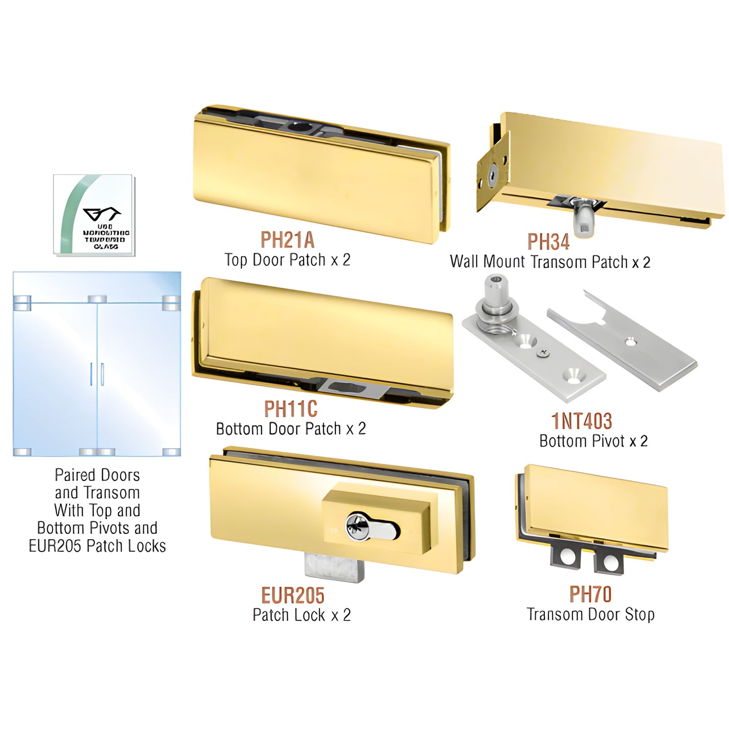 PHE6LBR polished brass European glass double-door hardware kit with top/bottom patches, pivots, transom stop and patch locks.