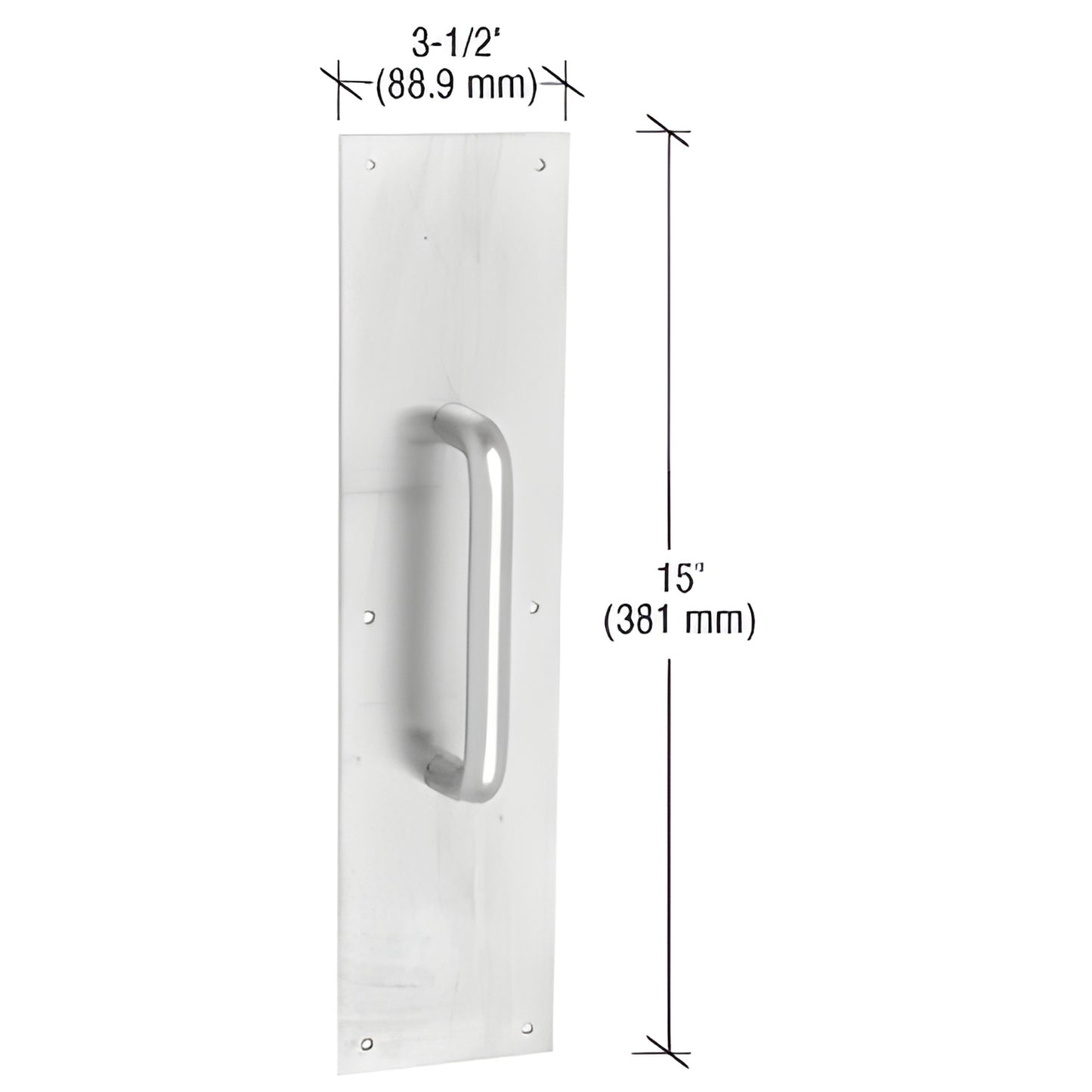 CRL SKU 67N satin aluminum push plate - 15" x 3-1/2" plate with 3/4" diameter round pull handle.