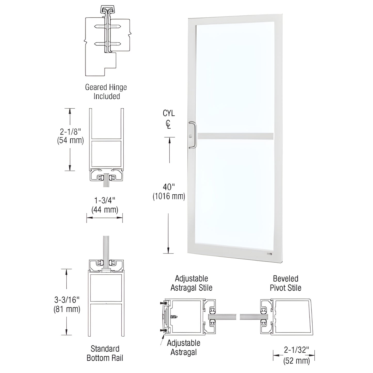 White Kynar narrow stile commercial entrance door with large glass panel, adjustable astragal, SKU DZ22852LA36