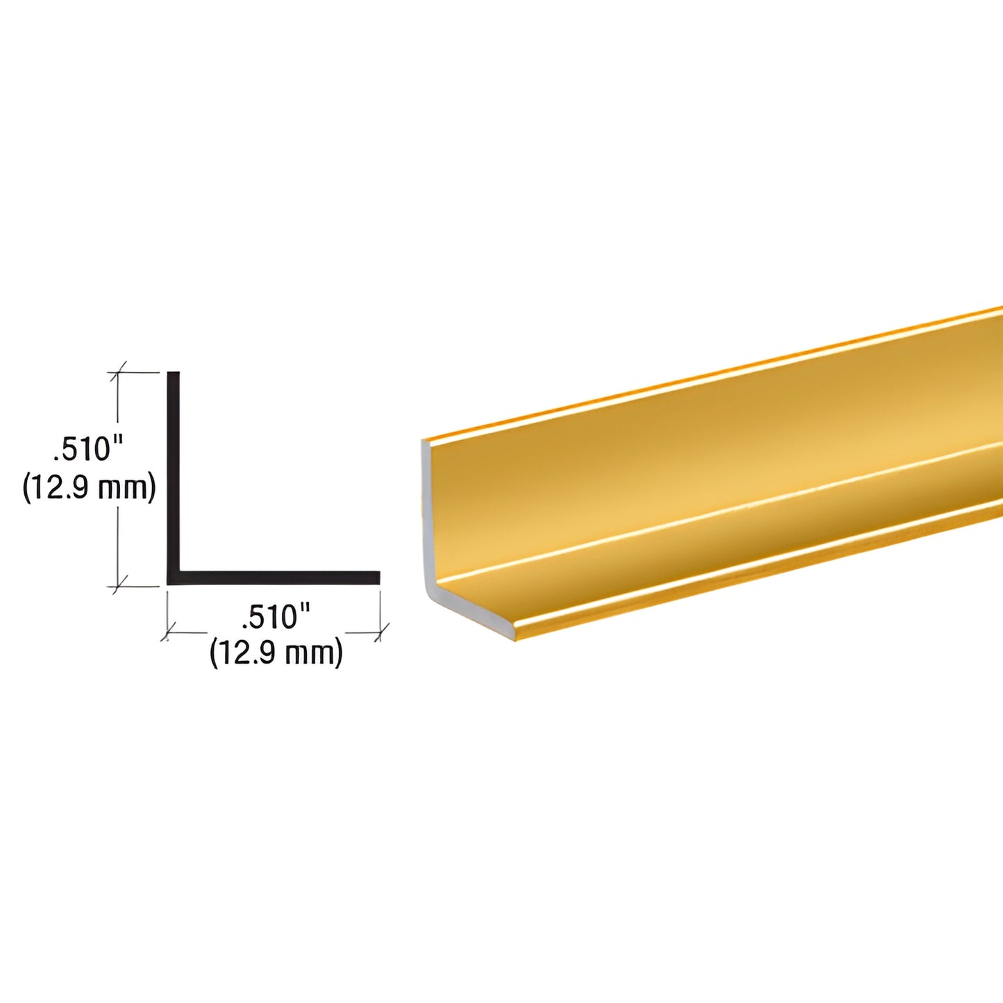 D1627BGA bright gold anodized 1/2" (13mm) aluminum L-angle extrusion for mirror walls, 12 ft stock length