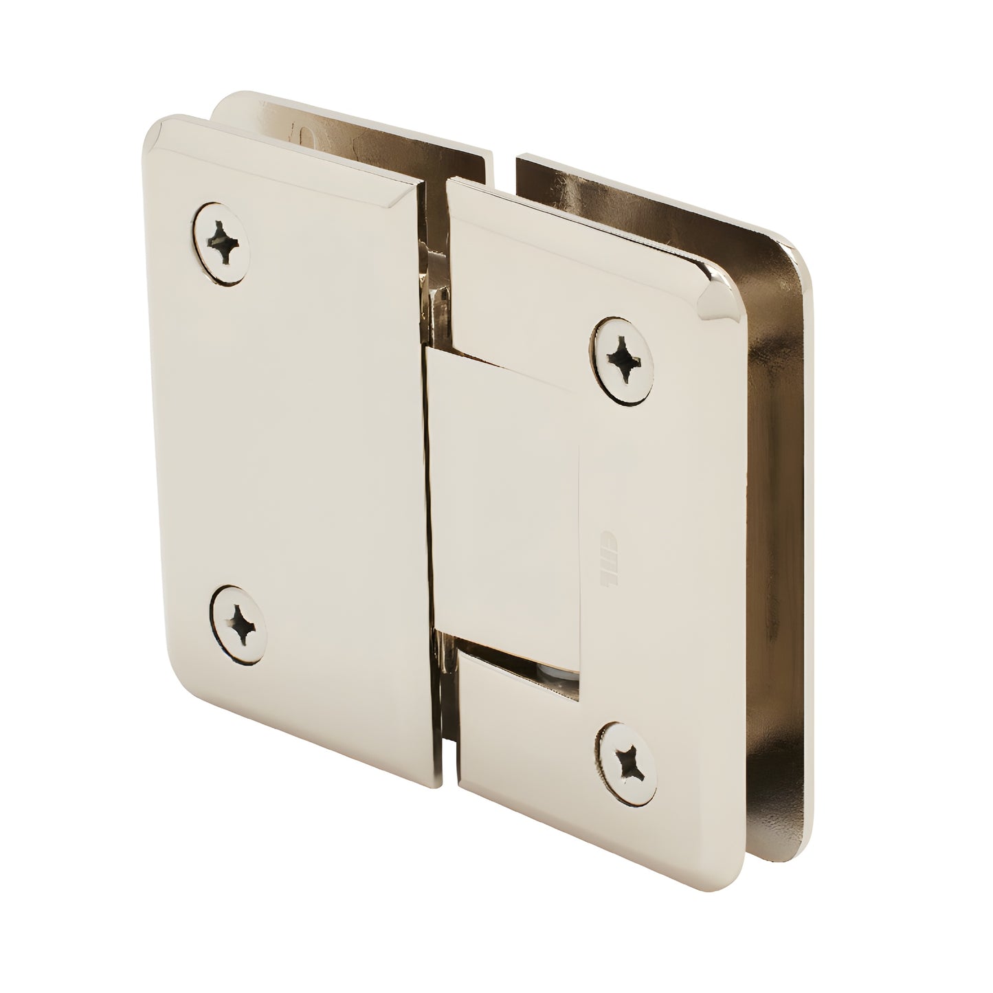 Polished nickel Pinnacle glass-to-glass shower hinge - beveled brass, self-centering, 5 pre-set, fits 8-12mm glass