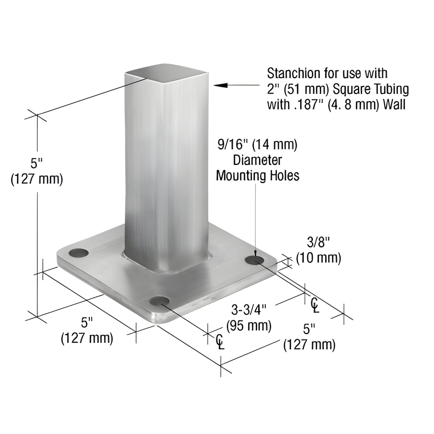 P1BFS 316 stainless steel surface-mount stanchion, fits 2" square post, 5" silver base plate with mounting holes.