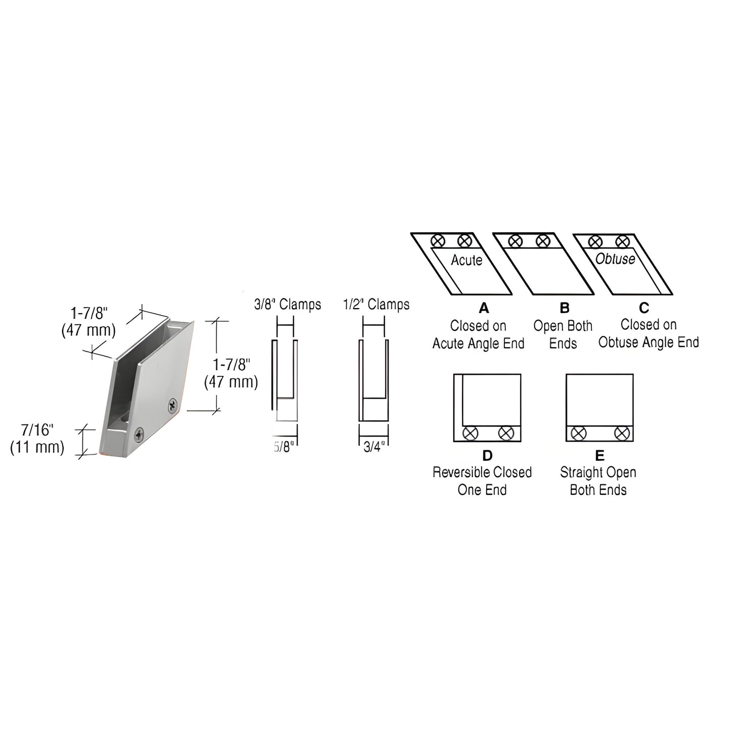 RH5512BN brushed nickel 128 obtuse end clamp C for 1/2" tempered glass railings, solid brass.