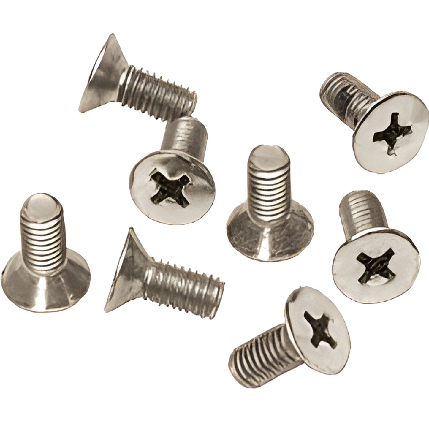 Brushed nickel M6 6 12mm stainless flat head Phillips screws, pack of 8 (SKU P612BN)
