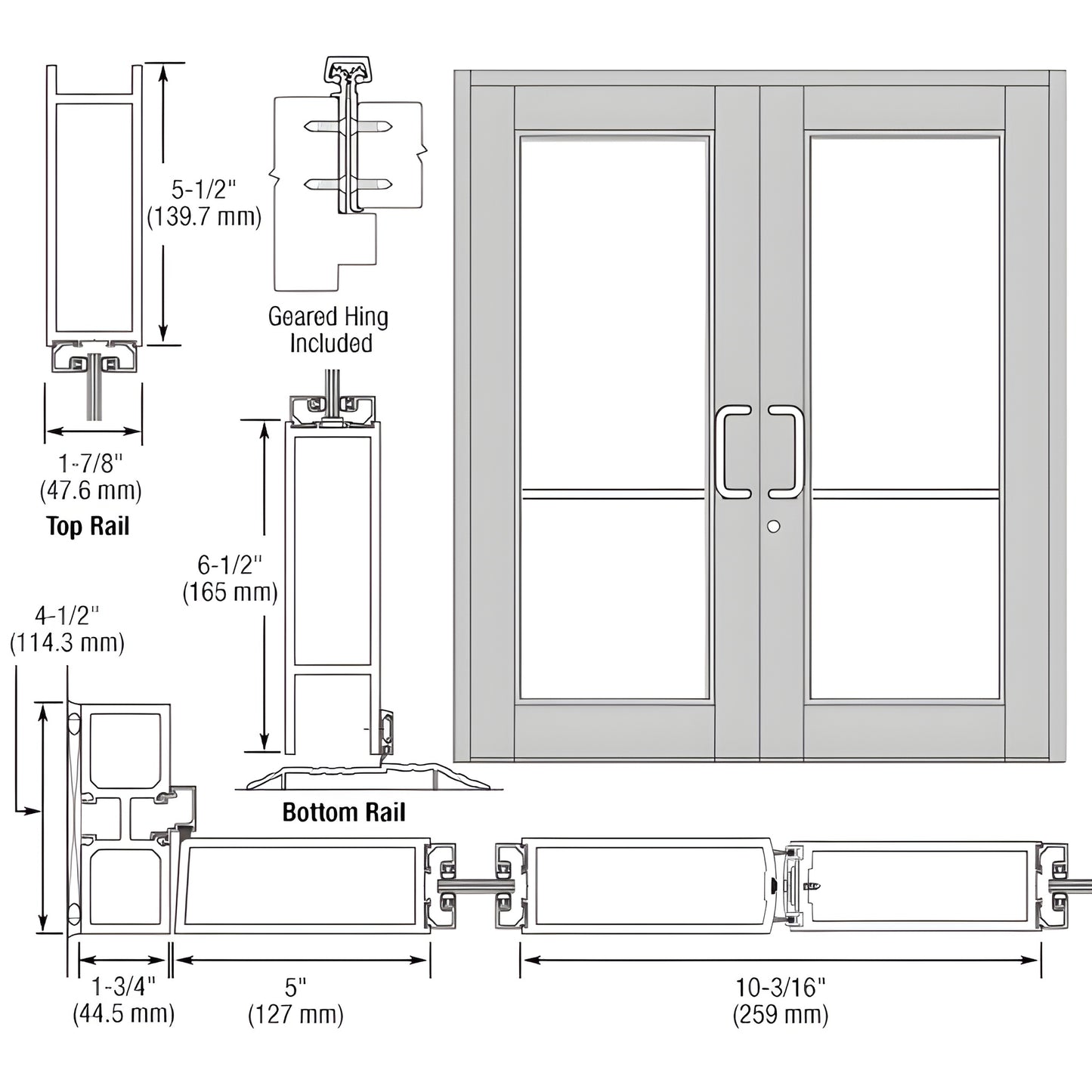 DC92811: Clear anodized Durafront WS double commercial entrance door drawing showing rails and hardware prep.