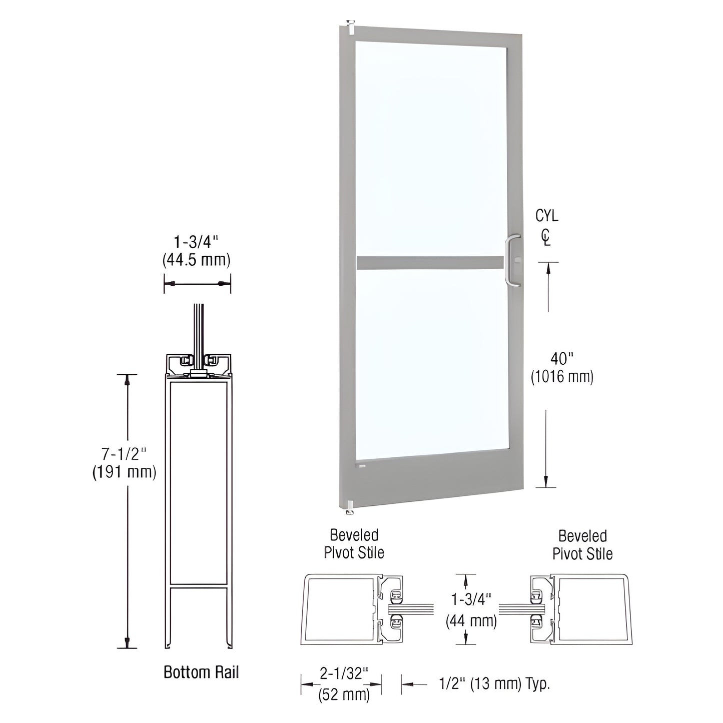 HZ21211R036 narrow-stile aluminum entrance door, clear anodized finish, glass panel with panic pull and concealed vertical ro
