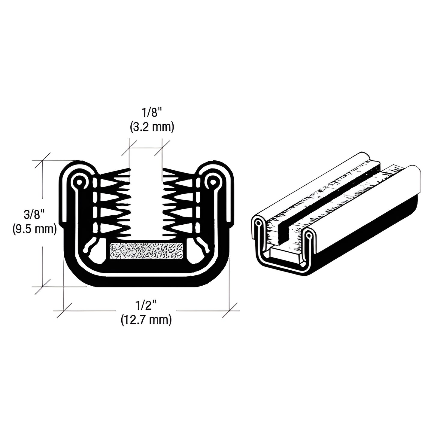 Diagram of black rubber flexible window channel with felt/pile lining, 1/8" glass fit, 1/2" wide, SKU 5P96