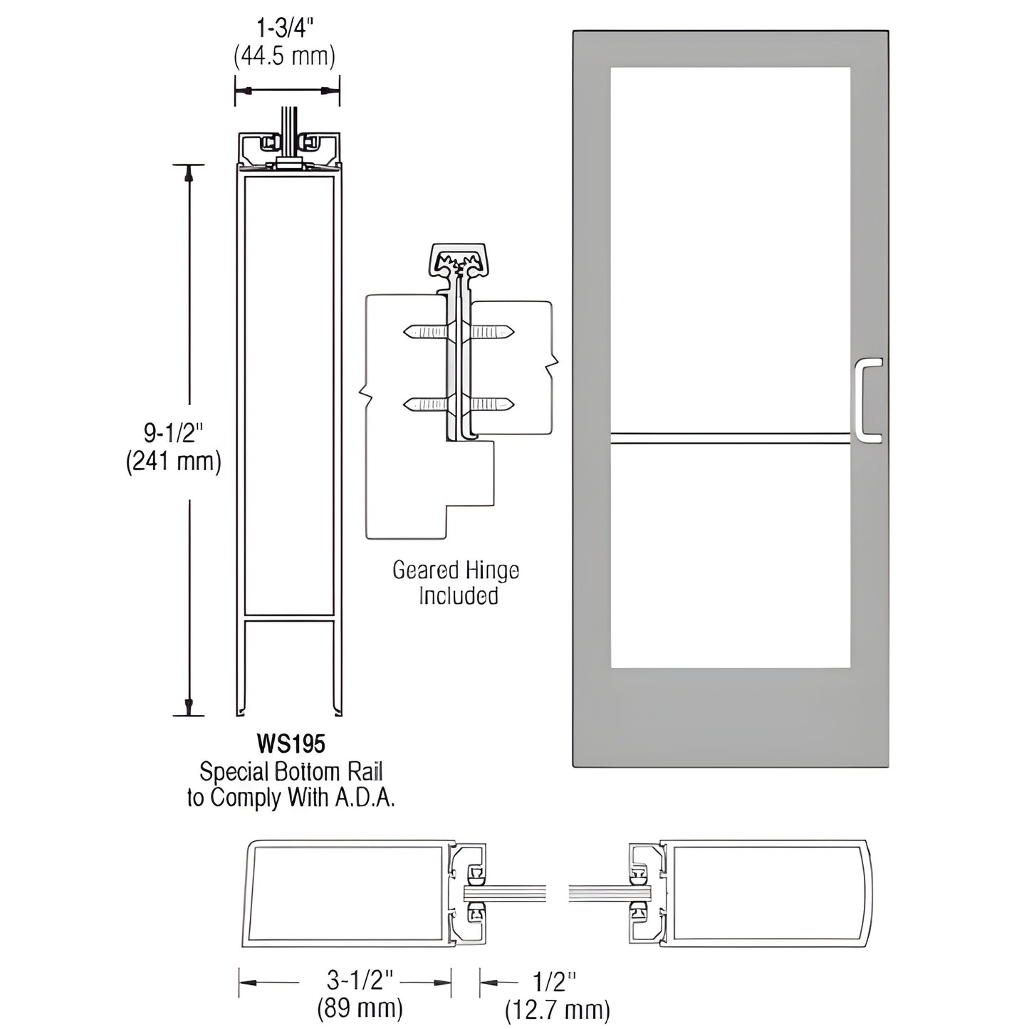 Clear anodized aluminum commercial entrance door SKU DE42811R136 with 9-1/2" ADA bottom rail, 3-1/2" stiles and glass panel.