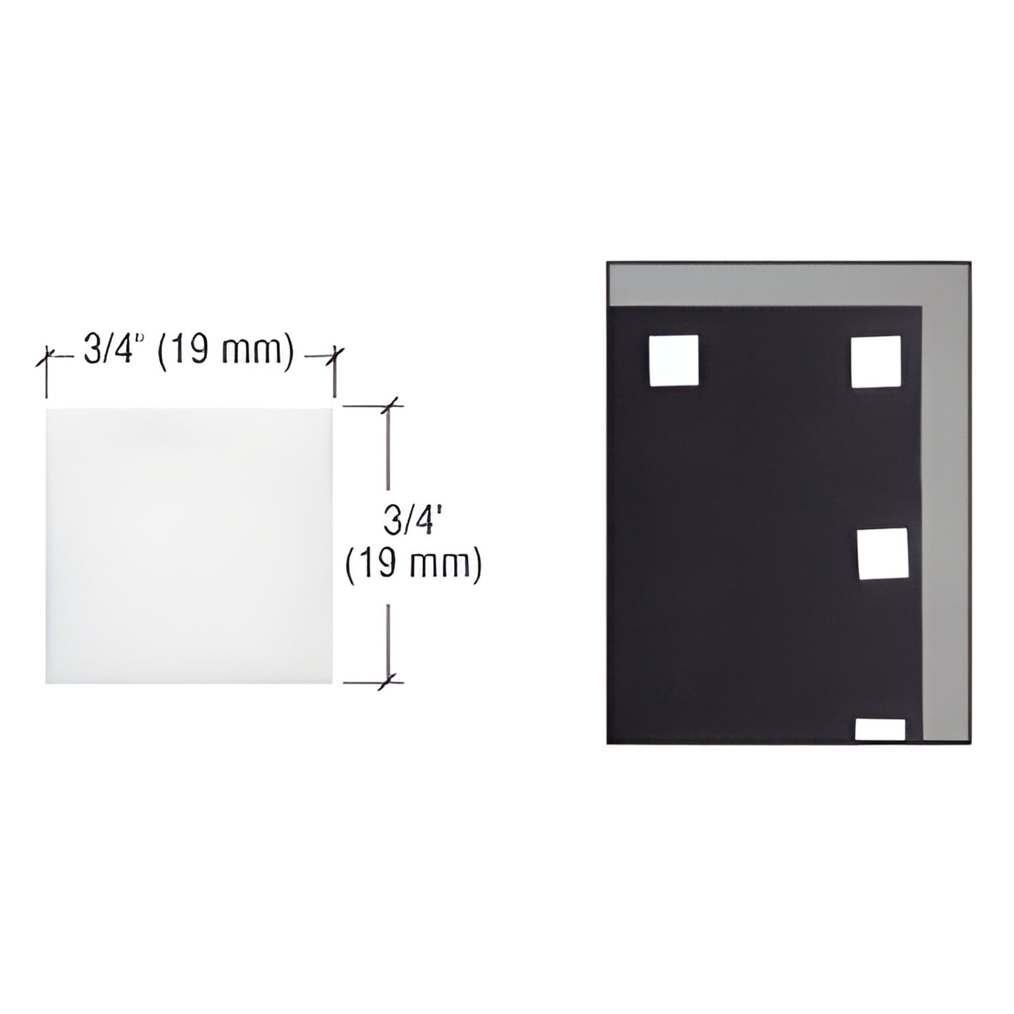 CRL4026 white 3/4" (19 mm) peel-and-stick foam mounting squares, single square and examples applied to a frame (1000 per box)