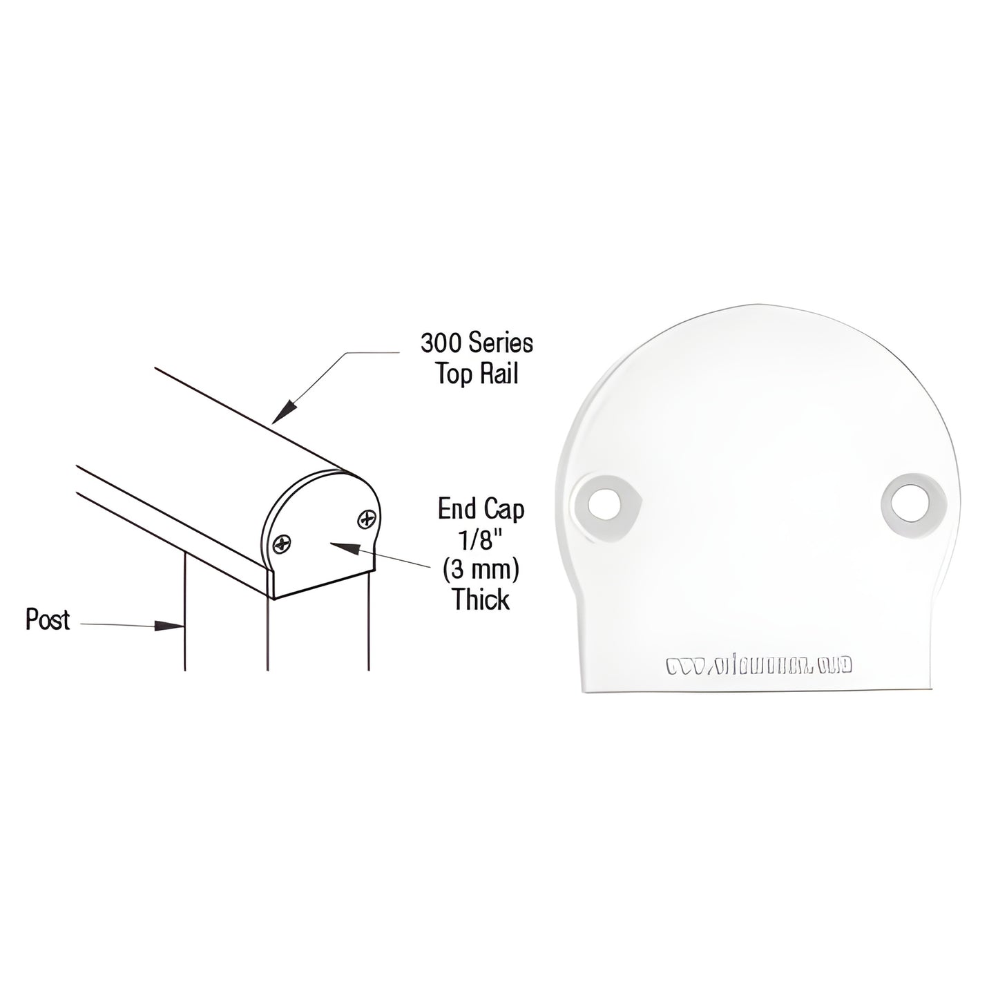 CRL 300 Series Sky White contoured end cap for top rail raceways, countersunk screw holes (SKU 3DECW)